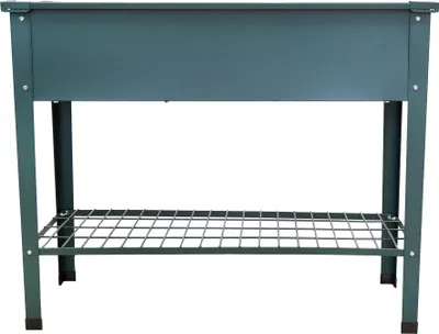 A dark green metal raised garden bed with a lower storage shelf.
