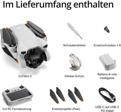 A flat lay of a drone and its accessories, with text labels in German.