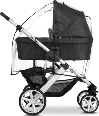 A black and silver baby stroller with a clear rain cover, shown from the side against a white background.