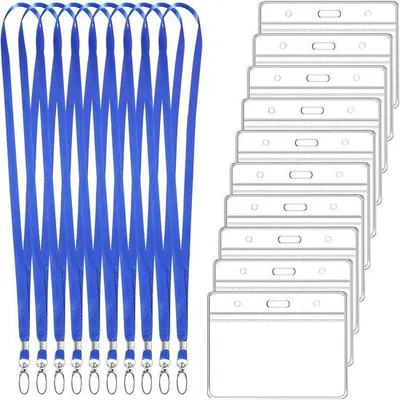 Produktbild von ID-Halter und Lanyard Set mit 10 transparenten Badgehaltern und blauen Schlüsselketten