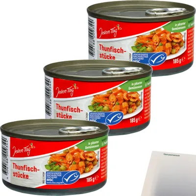Produktbild von Jeden Tag Thunfischstücke in Gemüsesauce pikant 3er Pack (3x185g Dose) + usy Block