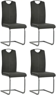 Four identical gray dining chairs with metal frames are arranged in a two-by-two grid against a white background.