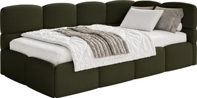 Produktbild von Selsey Cloudy – Jugendbett 120 cm, Bettkasten, Bouclé, Kopfteil rechts, Olivgrün