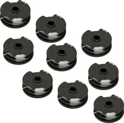 A collection of nine spools of trimmer line, arranged in a grid pattern on a white background.