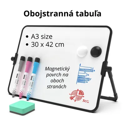 Obrázok produktu pre Obojstranná magnetická tabuľa A3 so stojanom – 360° otočná, suché stieranie – Stolová tabuľa na prezentácie, kanceláriu, školu aj domácnosť