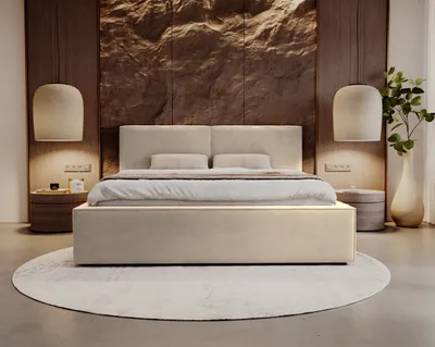 Image de Besilio Meubles Lit double rembourré 180x200 Santos - Lit rembourré avec coffre de lit et cadre métallique - Tissu velours - Beige