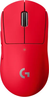 A top-down view of a red computer mouse.