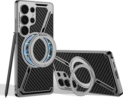 Image de Étui de protection en similicuir GKK pour Samsung Galaxy S25 Ultra, design MagSafe Z, motif carbone