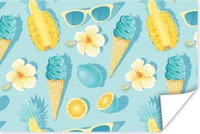 Produktbild von MuchoWow® Poster Sommer - Obst - Blumen - Blau 90x60 cm - Schlafzimmer