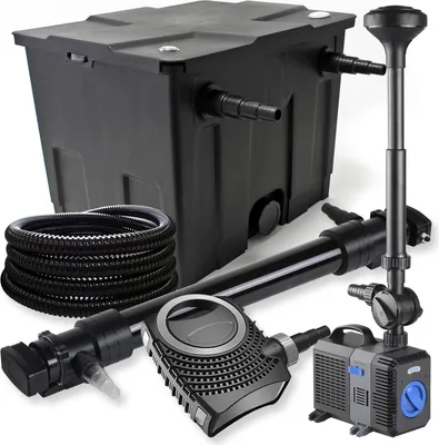 Produktbild von SunSun Komplettset: CBF-350 Teichfilter bis 12000 L Teichfilteranlage, NEO10000 Teichpumpe 10000l/h 80W, CUV-672 Teichklärer 72W, 25m Teichschlauch 25 mm, CTP-5003 Springbrunnen 5000l/h 30W