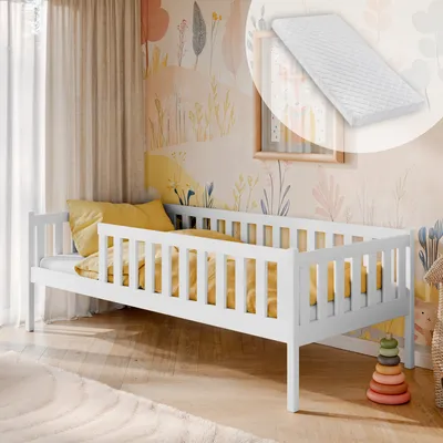 Image de Lit d'enfant avec protection contre les chutes, sommier à lattes et matelas, lit d'enfant | sûr & stable | autres dimensions : 80x160, 80x180, 90x200 cm | 90x190 cm de 4 à 13 ans, blanc