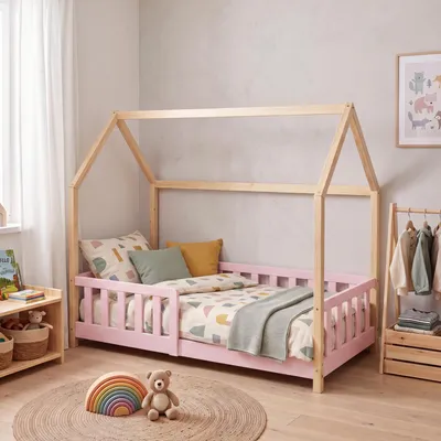 Produktbild von Hausbett ‘Hesel’ für Kinder mit Rausfallschutz 80 x 160 cm Kiefernholz Rosa/Natur