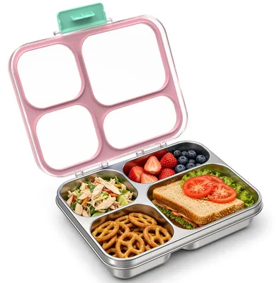 Edelstahl-Lunchbox 930 ml, 4 Fächer, auslaufsicher, rosa