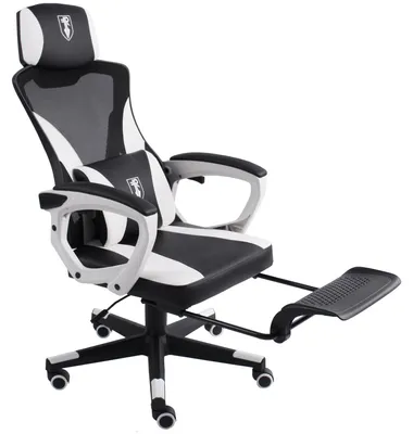Produktbild von Gaming Stuhl im modernen Racing-Design mit einklappbarer Fußstütze - Gaming Chair mit flexiblen Armlehnen - ergonomischer Gaming Schreibtischstuhl mit extra Stützkissen  ,Farbe:Schwarz/Weiß