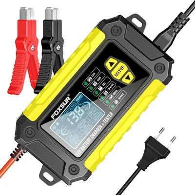 Produktbild von FONDER und Batterietester FOXSUR FTC-1206 2-in-1, 12V/6A – Intelligente Batterie-Ladegerät für Auto- und Motorradbatterien mit Entschwefelungs-, Impuls-Reparatur-Funktionen, Gelb/Schwarz