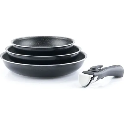 A set of three black frying pans stacked on top of each other, with a detachable handle to the right.