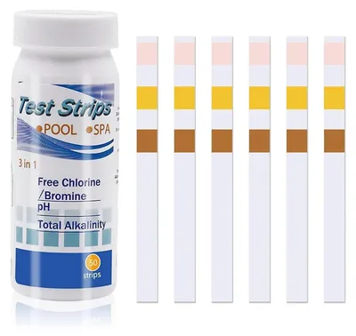 Produktbild von Pool-Teststreifen - 3-in-1 - 50 Stück - Wassertester für Chlor, Brom, pH-Wert und Wasserhärte - Teststreifen zur Kontrolle der Poolwasserqualität