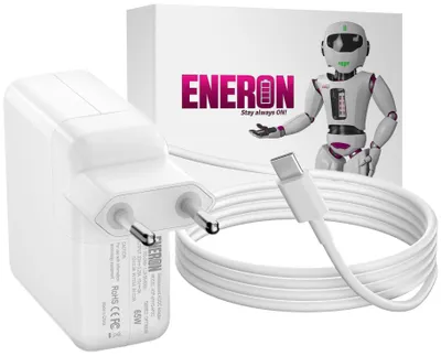 A white power adapter and USB-C cable are displayed next to a product box with a robot graphic and brand logo.
