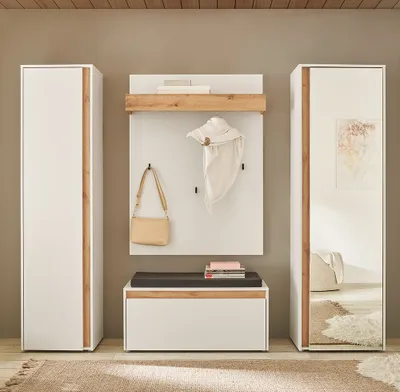 Produktbild von Garderoben Set in weiß mit Eiche CRISP-61, 4-teilig modern