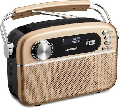 Immagine prodotto di Radio DAB+ portatile realizzata a mano con antenna telescopica a fori - Bluetooth DAB+ FM - finiture in rame - funzione di ricarica USB - design retrò - alimentazione solare con batteria integrata - tensione 12 V - trasmettitore radio - funzione timer - ingresso AUX