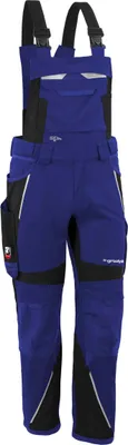 A pair of blue and black work overalls.