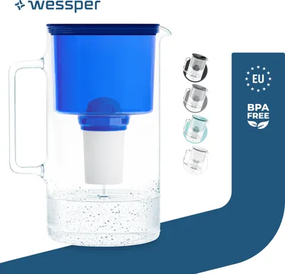 Image de Wessper Carafe filtrante en verre 3L bleue Compatible avec les cartouches filtrantes Brita Classic | 1 cartouche filtrante incluse