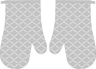 A pair of oven mitts with a quatrefoil pattern.