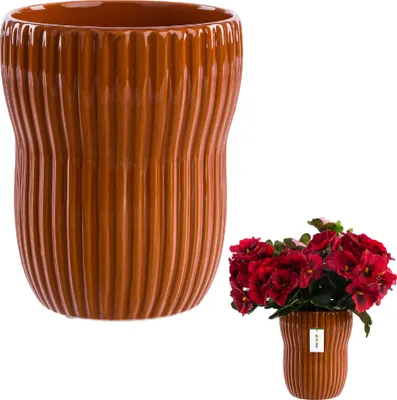 Produktbild von Blumentopf, Blumenübertopf Gehäuse aus Keramik Rund Orange Ø13 cm H 16cm, Rillen Glanz Oberfläche Modern Glamour, stilvolle Dekoration, räumliche Pflanzenabdeckung