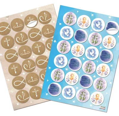 Produktbild von 2 x 24 runde Aufkleber mit christlichen Motiven Taube Kreuz Fisch