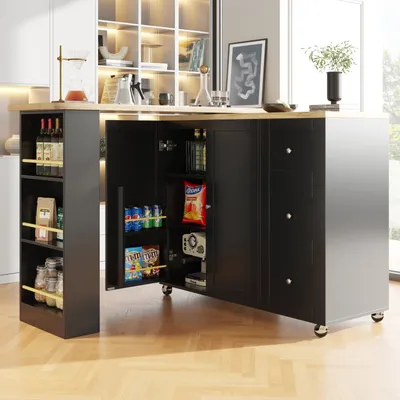 Produktbild von Abrihome Esszimmertisch Bartisch 360° Drehbar, Ausziehbar Stehtisch mit Schrank und Schubladen, Schwarz