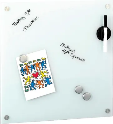 Image de ZELLER PRESENT Memoboard verre magnétique avec 3 aimants porte-stylo et stylo 40x40cm blanc