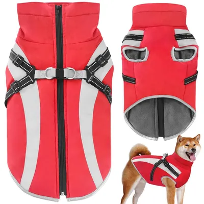 Immagine prodotto di Cappotto impermeabile per cani con imbracatura, caldo, antivento, rosso, taglia 2XL