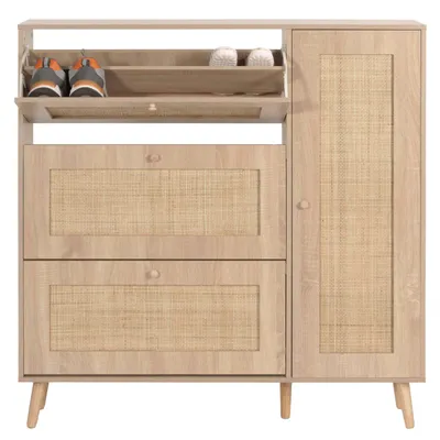 Zdjęcie produktu dla Rattanowa wywrotka do butów HWC-M37, szafka na buty, 3 uchylne przegrody 2 półki 127x120x24cm drewno melamina ~ wygląd dębu