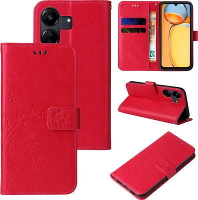 Collage of product images showing a red floral flip phone case from different angles.