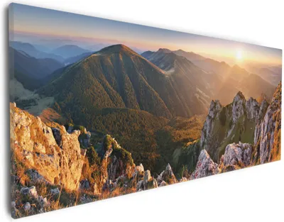 Produktbild von Wallario Premium Leinwandbild Berglandschaft mit Sonnenuntergang in der Slowakei in Größe 30 x 75 cm