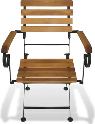 A front view of a wooden and metal folding garden chair.