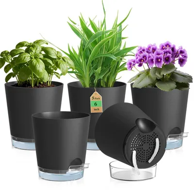 Immagine prodotto di Set di 5 vasi autoirriganti, diametro 15 cm, colore nero, in plastica, con indicatore del livello dell'acqua