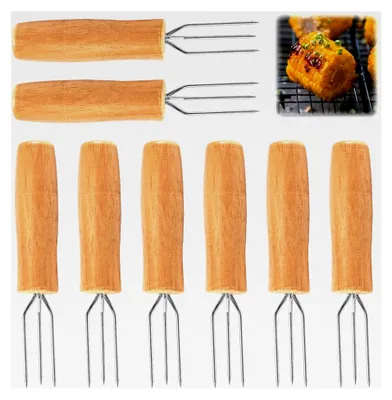 Produktbild von 8 Stück Pellkartoffelgabel mit 3 Edelstahlzinken, Pralinengabel, Holzgriff, wiederverwendbare Maisspieße, Set für Gemüse, Maiskolben und Grillgut