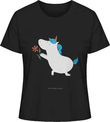 Produktbild von Mr. & Mrs. Panda Damen T-Shirt Einhorn Blume Größe S - Schwarz - Geschenk, Liebe, Freundin, Partner, Kurzarmshirt, Basic Shirt, Unicorn, Heiraten, Oberteil, Einhörner
