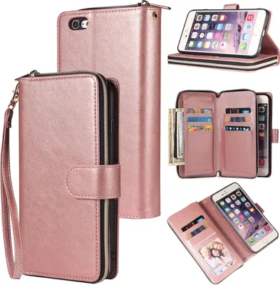 Produktbild von Für Iphone 6/6 Plus/6 Plus/6 Plus/7 Plus/8 Plus Kunstleder Handyhülle Reißverschluss Tasche + Handschlaufe Rosengold
