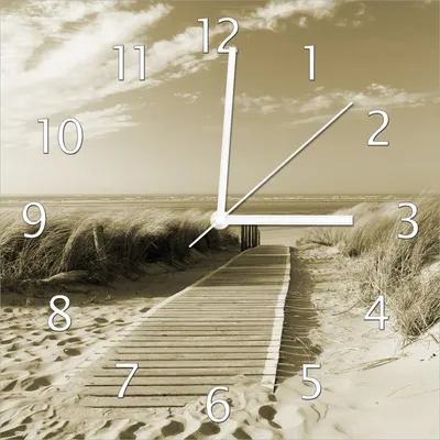 Produktbild von Wallario Design Wanduhr Auf dem Holzweg zum Strand in Sepiafarben aus Echtglas, Größe 30 x 30 cm
