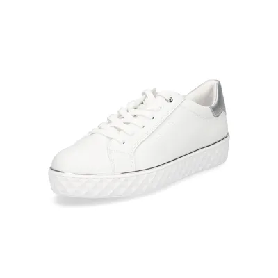A single white sneaker with silver accents is shown against a white background.