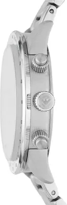 Side view of a silver watch.
