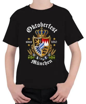 Produktbild von Bayern Wappen Löwe Krone Bier Hopfen Malz Trachtenshirt Lederhose Kinder T-Shirt, Schwarz, 140