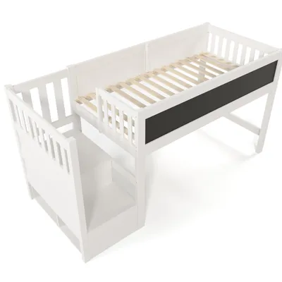 Produktbild von Flieks Etagenbett 90x200cm mit Tafel, Kinderbett Hochbett mit Stauraumtreppe, Massivholz Kinderbett Einzelbett mit Lattenrost, Weiß