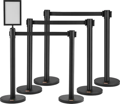Produktbild von Personenleitsystem Absperrband Absperrständer 6-teilig, 2 m x 48 mm Schwarzer Einziehbarer Gürtel, Personenleitsystem Absperrpfosten mit Schildern für Flughäfen, Messen, Wettkampforte usw.