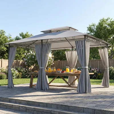 Produktbild von Gartenpavillon 4x3 m mit Seitenwänden, Outdoor Pavillon Doppeldach, Partypavillon Stahl, Dunkelgrau | 400x300x280 cm | 180 g/m²