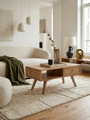 Produktbild von Couchtisch 90x40x45 cm Mango Massivholz / Rattan Wohnzimmertisch Rechteckig, Holztisch mit Stauraum, Sofatisch mit Schublade, Tisch Wohnzimmer Massiv Rohrgeflecht