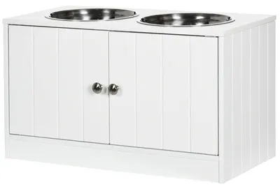 Image de Station de nourriture pour chiens avec espace de rangement et 2 gamelles en acier inoxydable | Couleur : Blanc | Dimensions : 30 x 60 x 35,5 cm