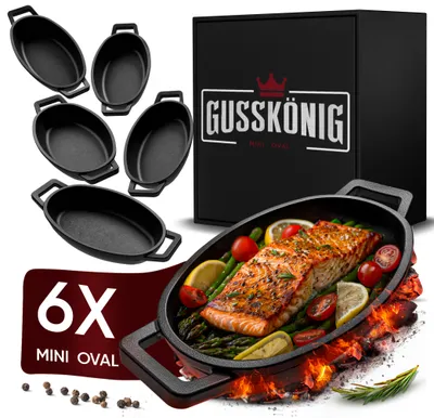 Produktbild von GUSSKÖNIG Servierpfannen Set - 6 ovale Gusseisen Grillpfännchen für Grill - Gusseisenpfanne klein 11x19 cm - eingebrannte Mini Pfanne